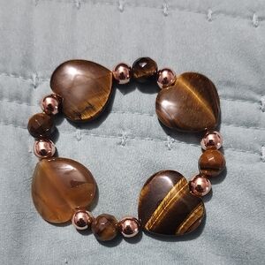 Handmade Heart-Shaped Brown Tiger's Eye and Rose Gold Beaded Bracelet